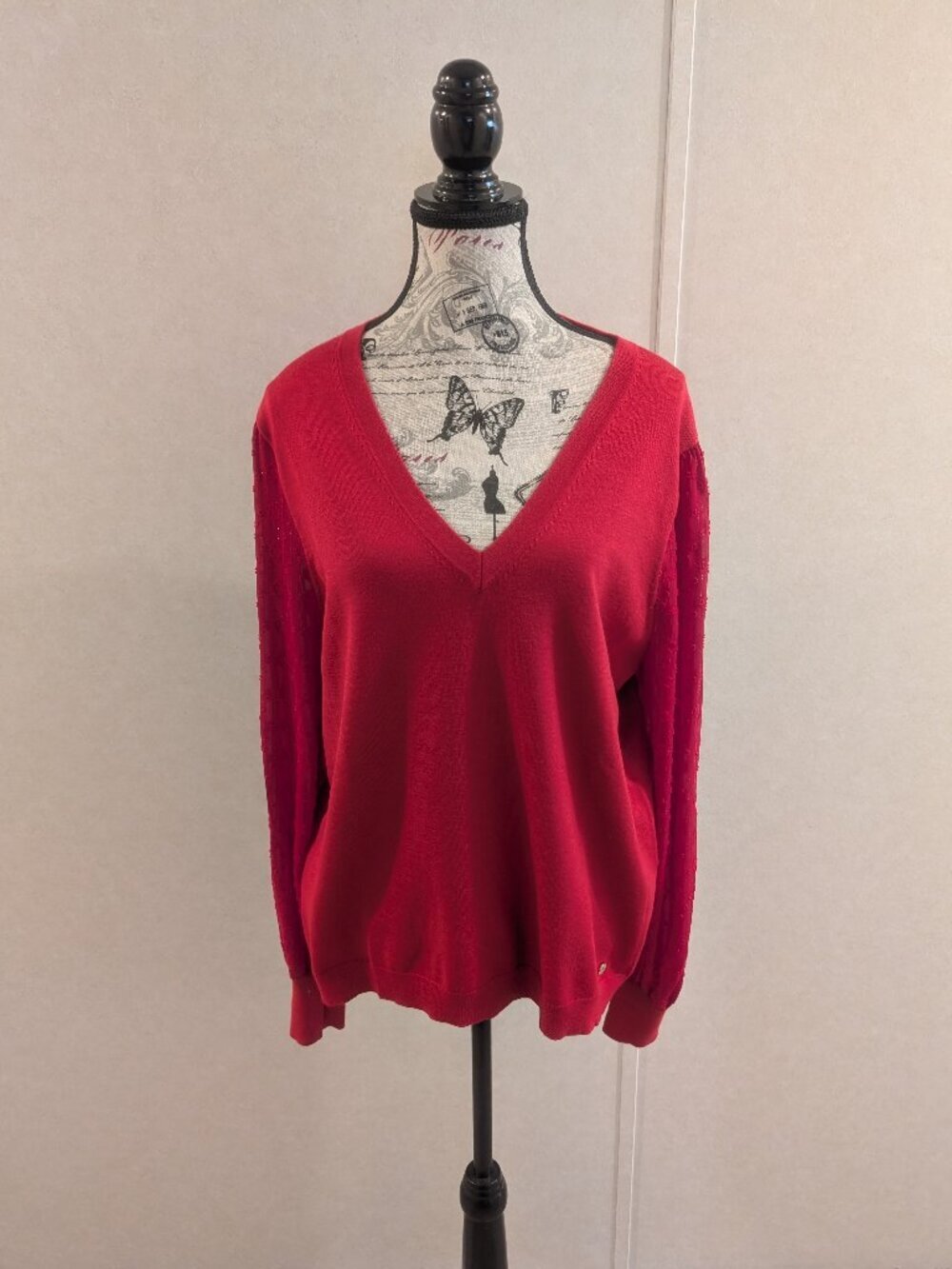 Tommy Hilfiger Red V Neck Swiss Dot Sheer Sleeve Sweater XL Women's